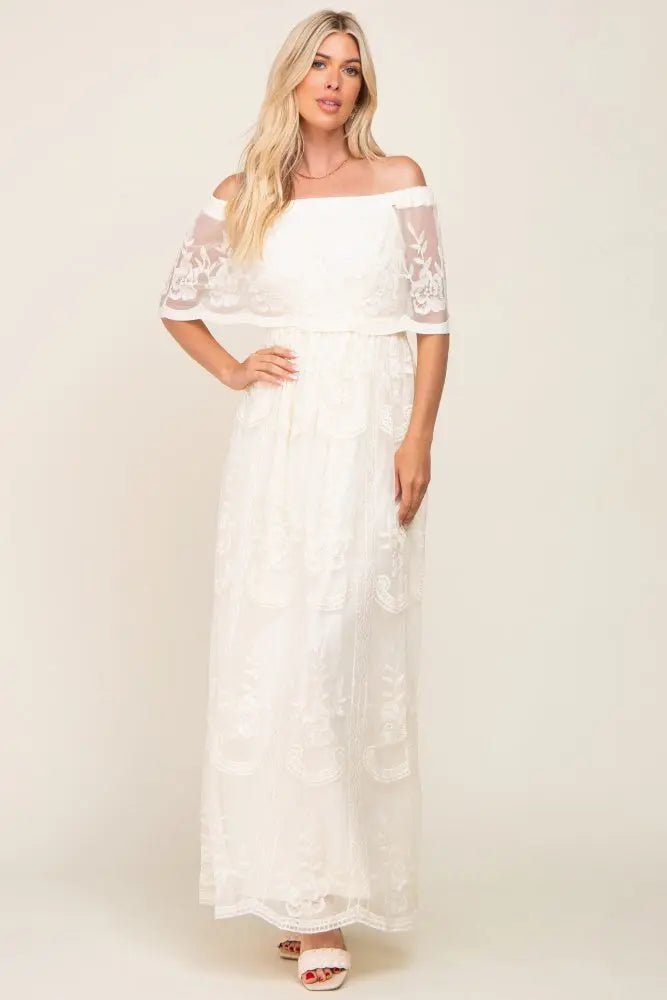 PinkBlush Cream Lace Mesh Overlay Off Shoulder Maxi Dress - 