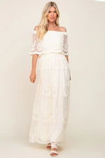 PinkBlush Cream Lace Mesh Overlay Off Shoulder Maxi Dress - 