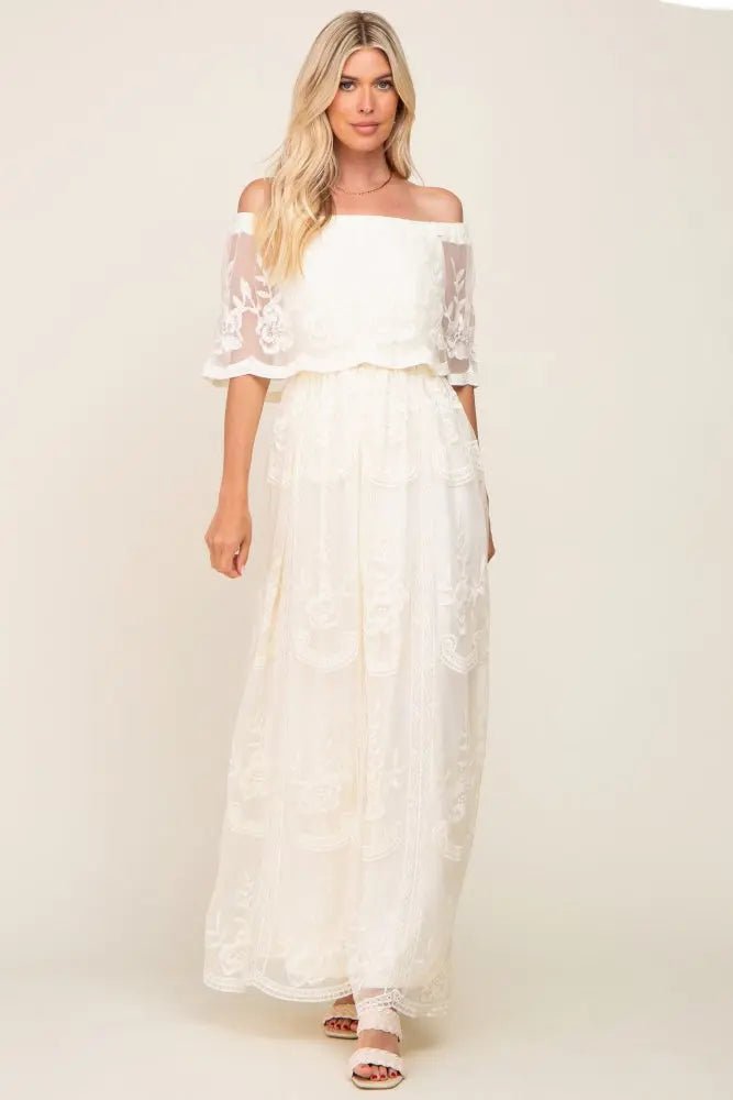 PinkBlush Cream Lace Mesh Overlay Off Shoulder Maxi Dress - 