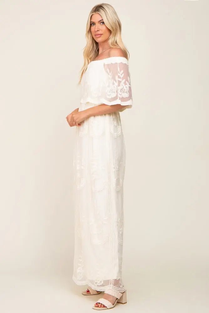 PinkBlush Cream Lace Mesh Overlay Off Shoulder Maxi Dress - 