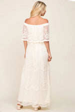 PinkBlush Cream Lace Mesh Overlay Off Shoulder Maxi Dress - 