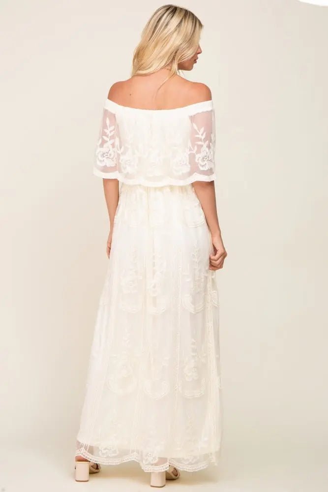 PinkBlush Cream Lace Mesh Overlay Off Shoulder Maxi Dress - 