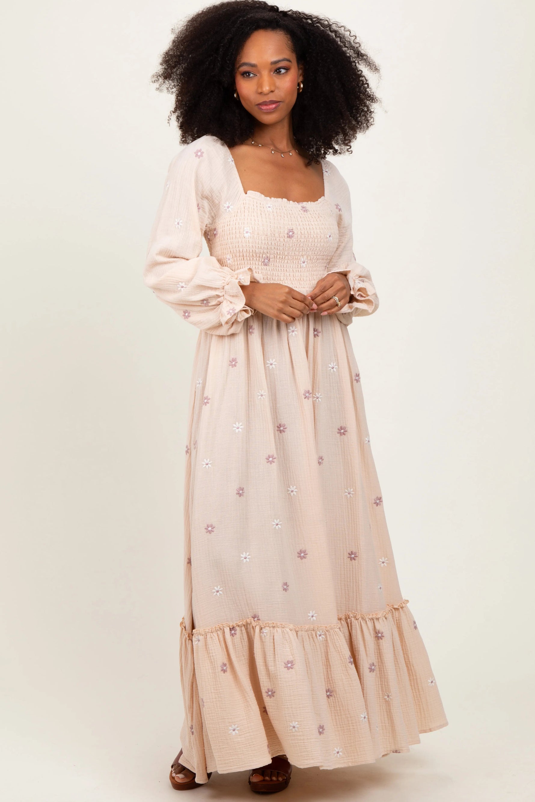 Cream Long Sleeve Floral Accent Dress - One-piece garment, Dress, Day Dress, Ruffle, Gown | Everetts Place