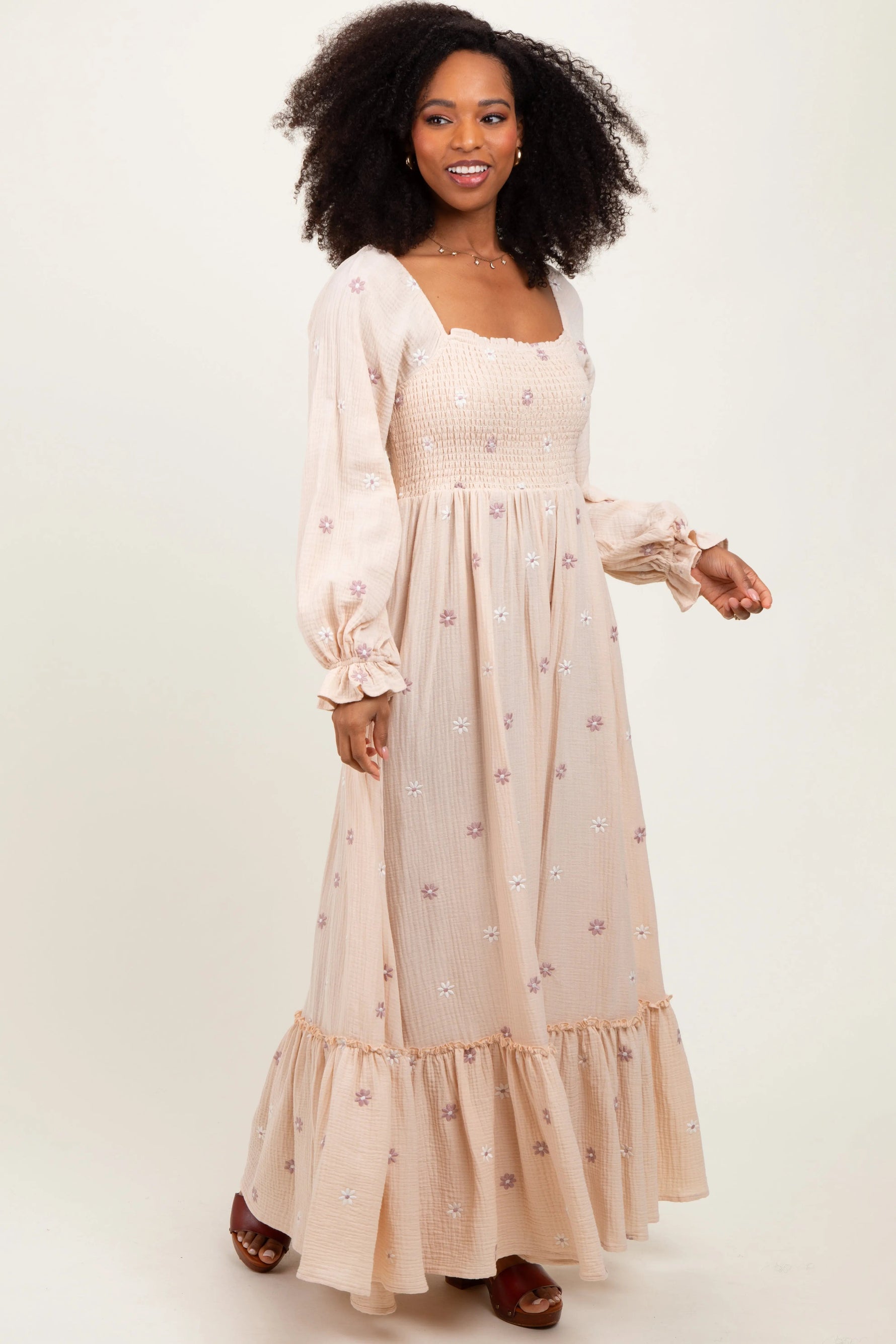 PinkBlush Cream Long Sleeve Floral Accent Dress - 