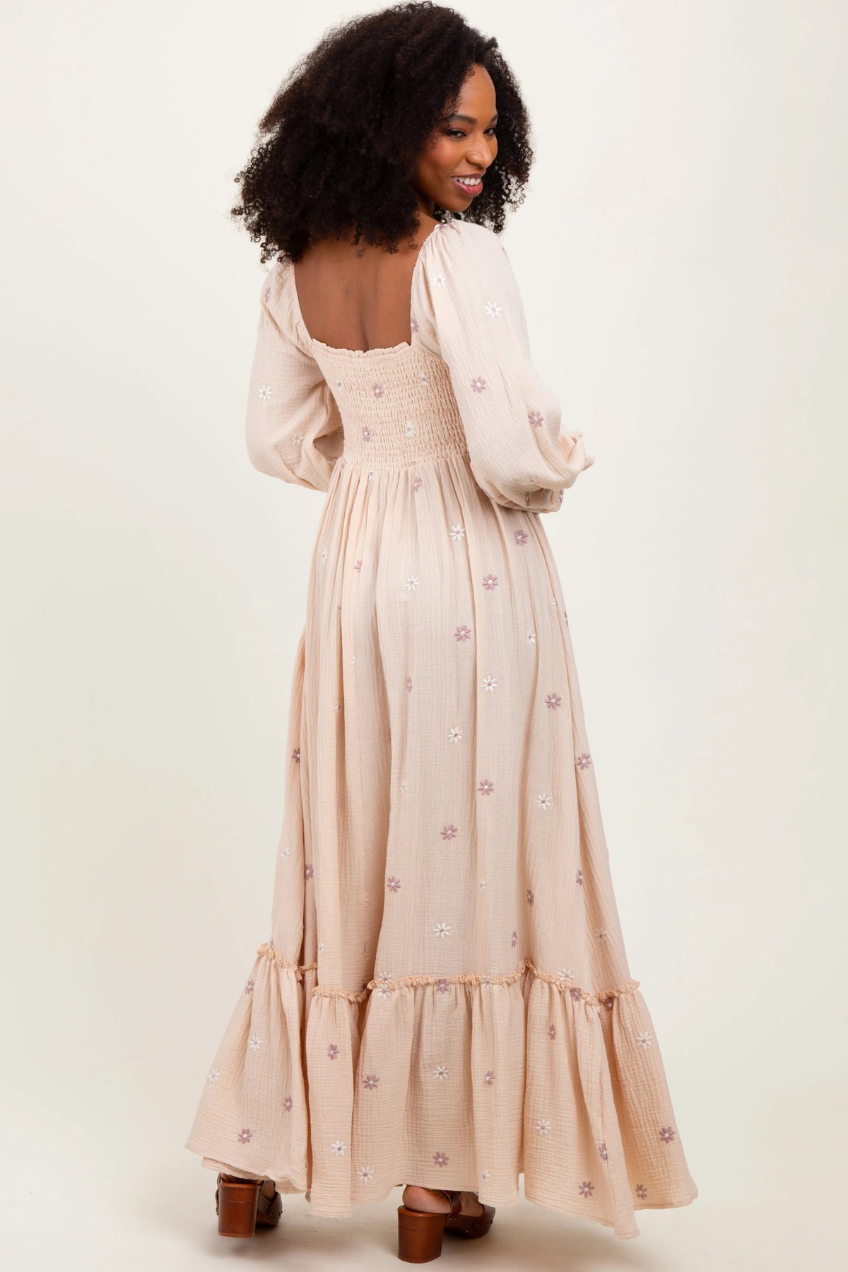PinkBlush Cream Long Sleeve Floral Accent Dress - 