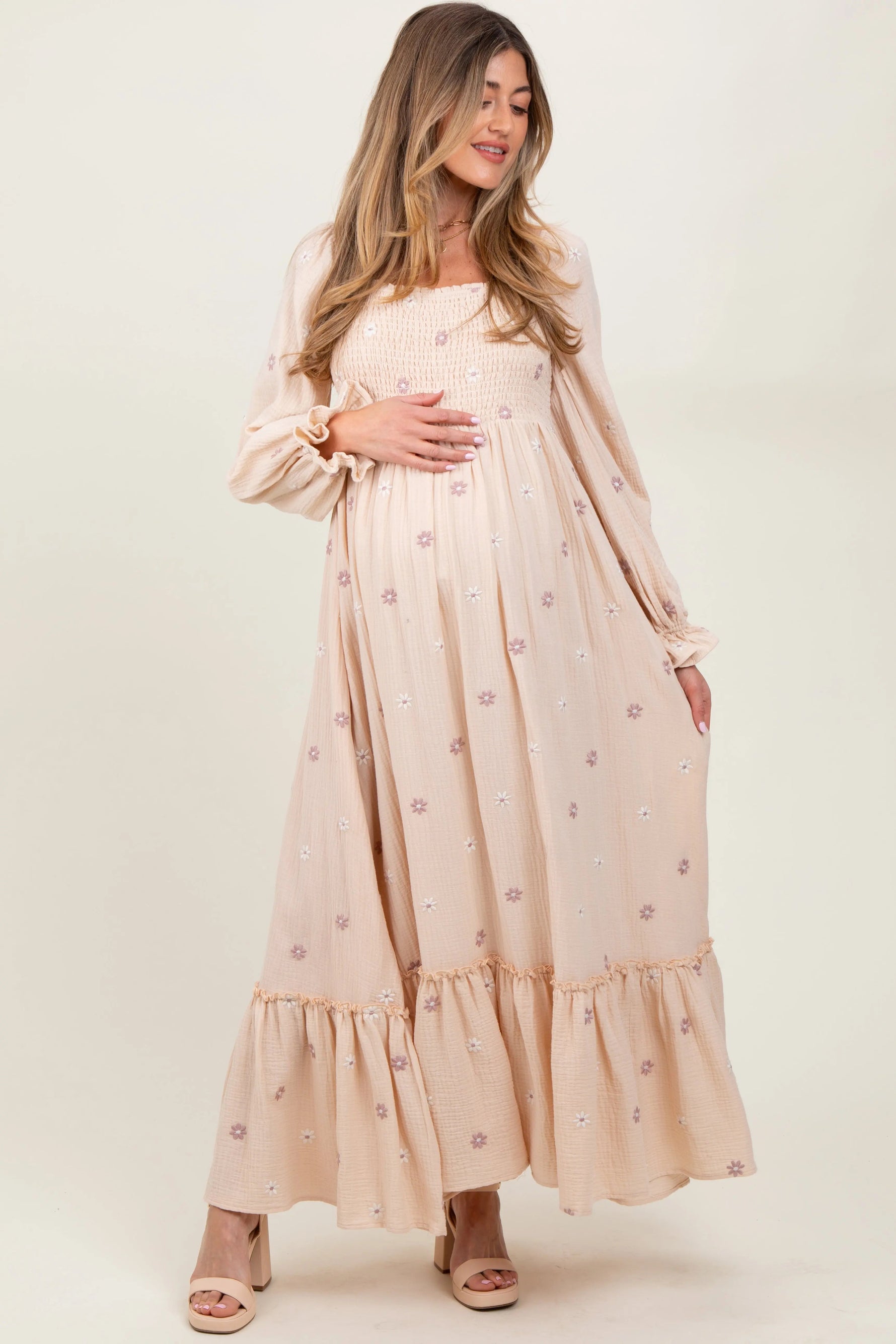 PinkBlush Cream Long Sleeve Floral Accent Maternity Dress - 