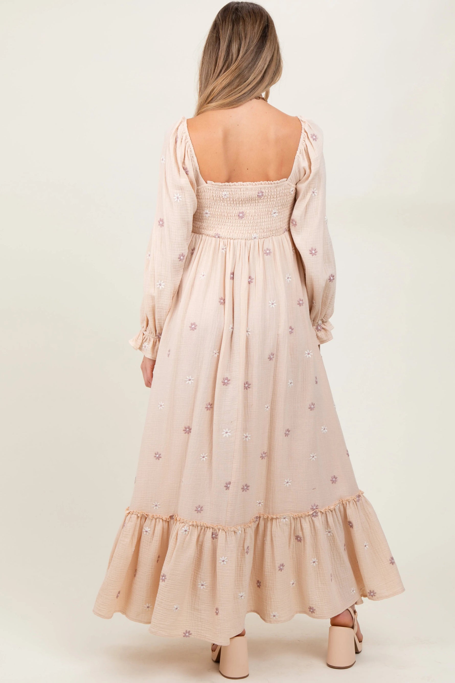 PinkBlush Cream Long Sleeve Floral Accent Maternity Dress - 