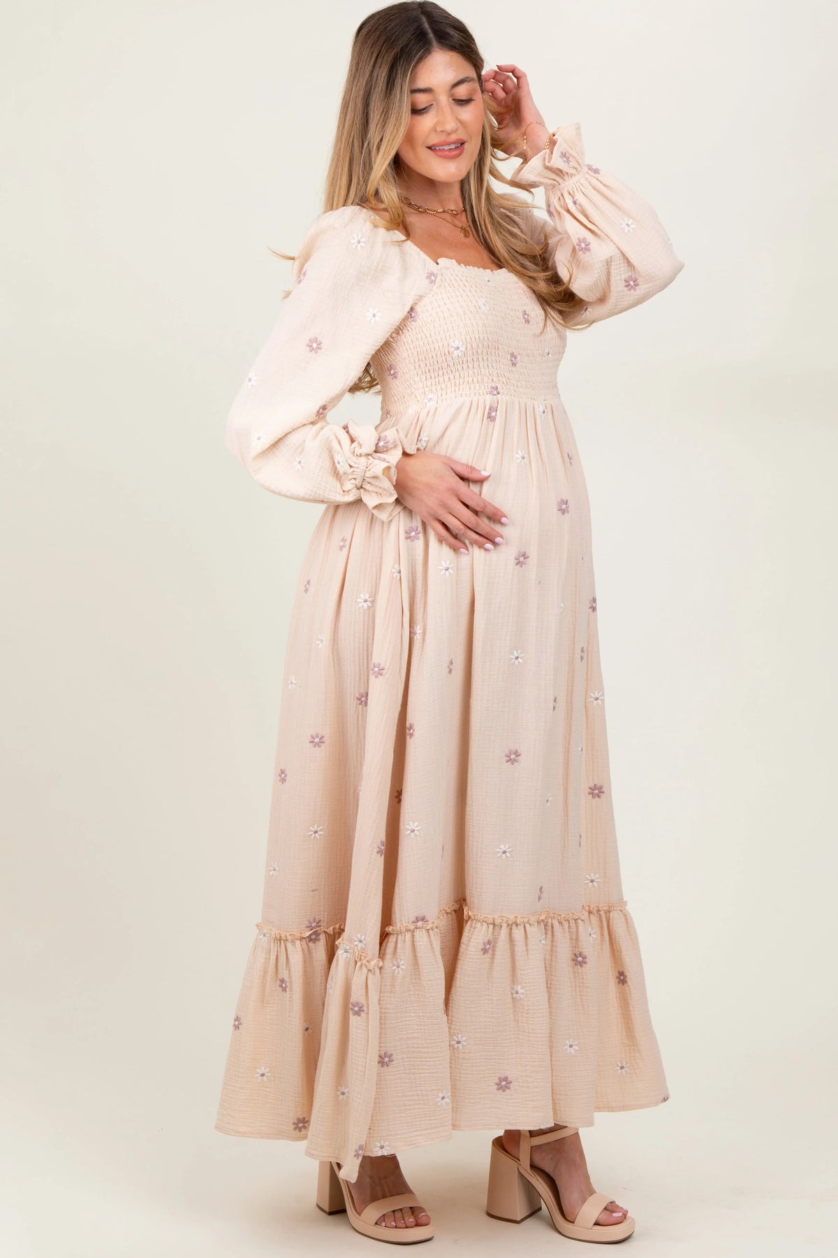 PinkBlush Cream Long Sleeve Floral Accent Maternity Dress - 