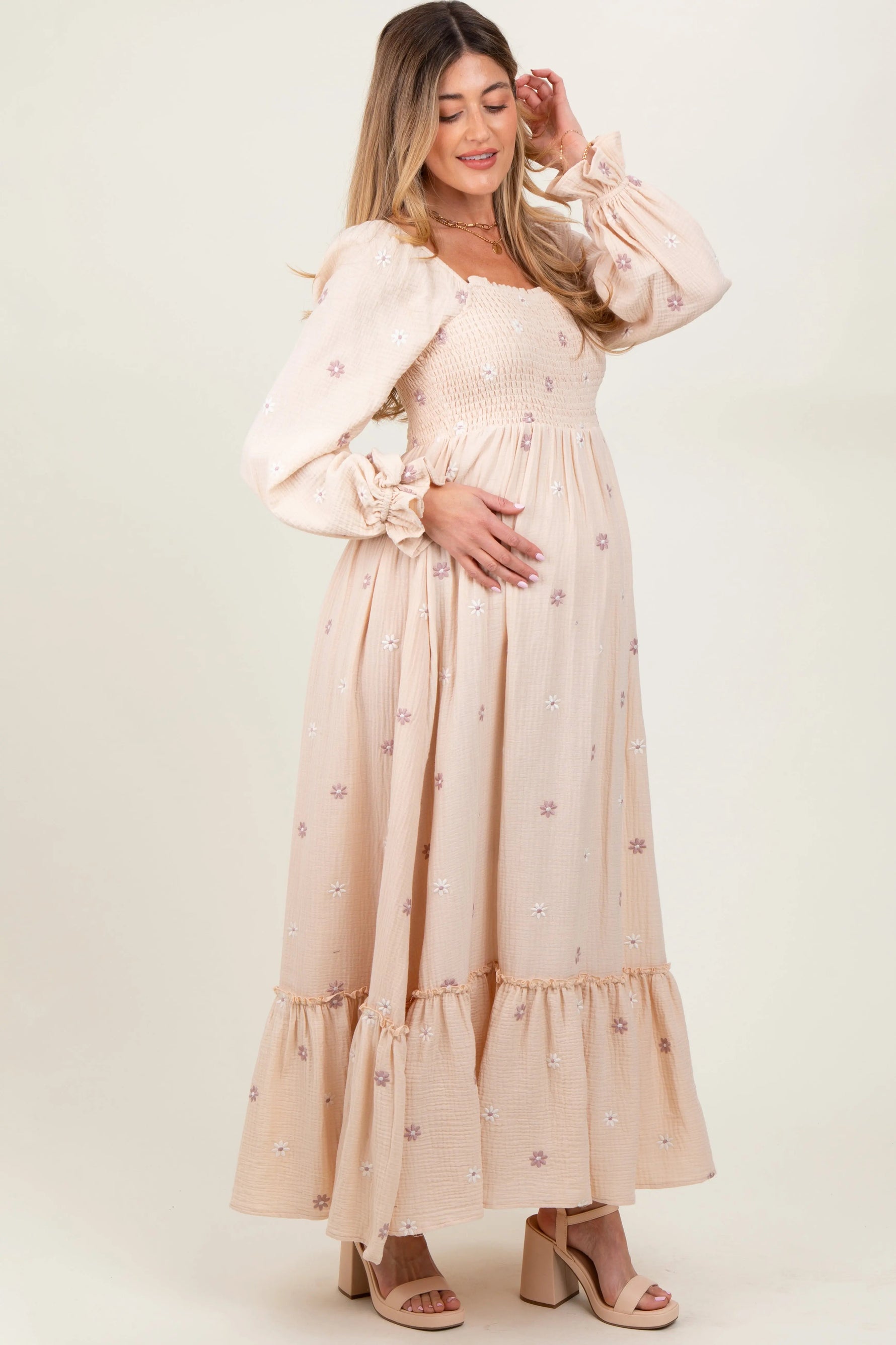 PinkBlush Cream Long Sleeve Floral Accent Maternity Dress - 