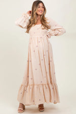 PinkBlush Cream Long Sleeve Floral Accent Maternity Dress - 