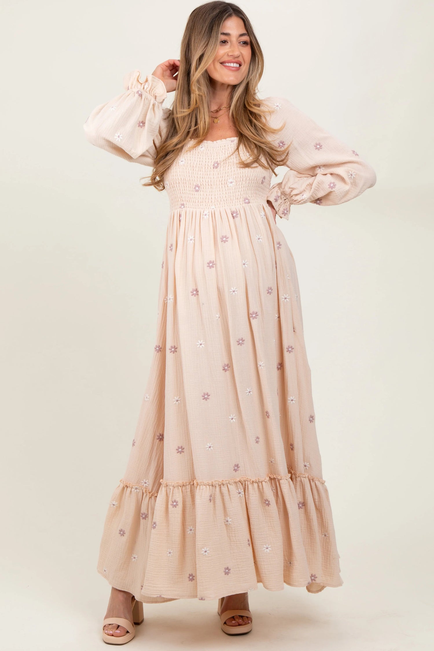 PinkBlush Cream Long Sleeve Floral Accent Maternity Dress - 