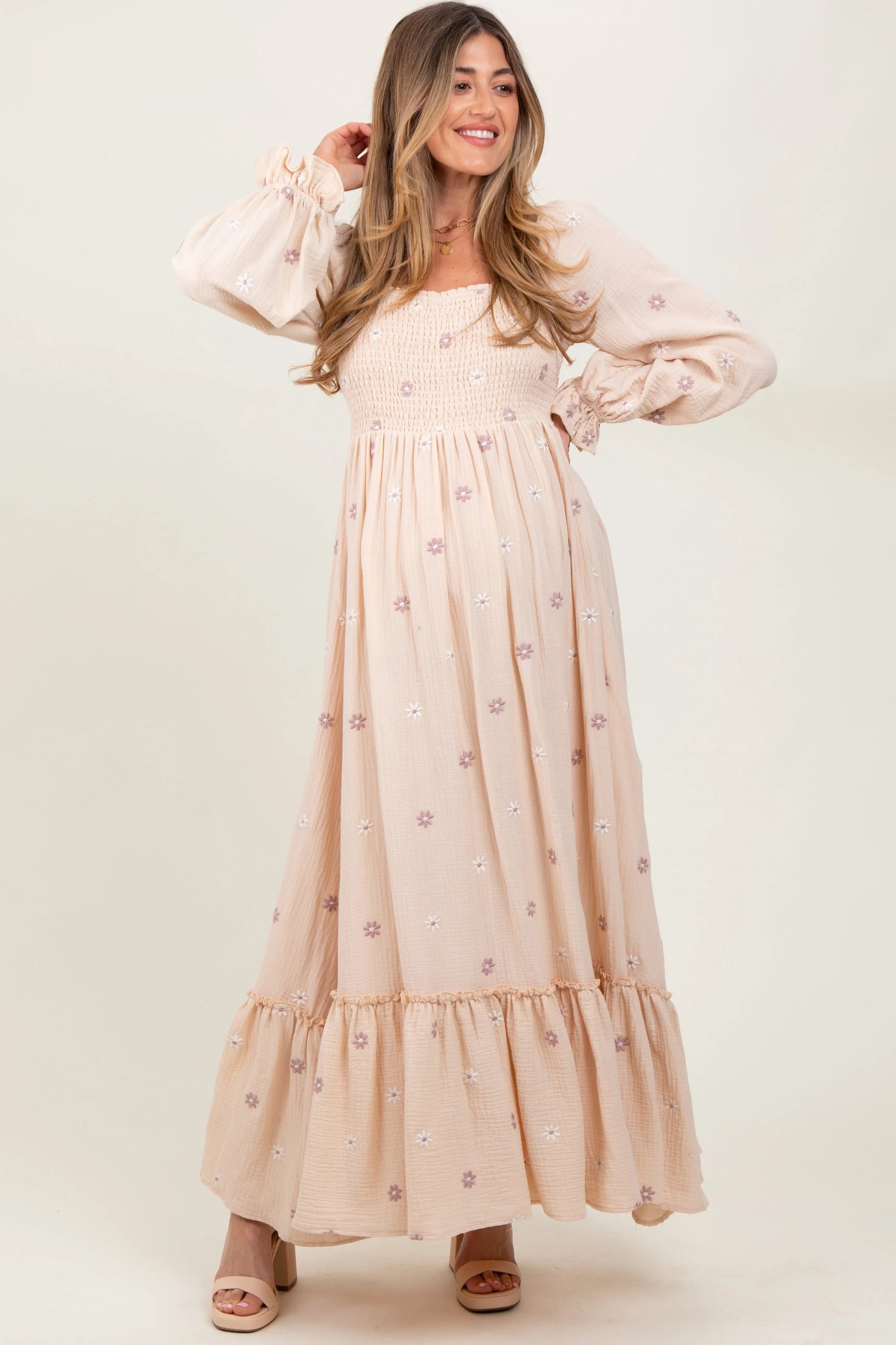 PinkBlush Cream Long Sleeve Floral Accent Maternity Dress - 