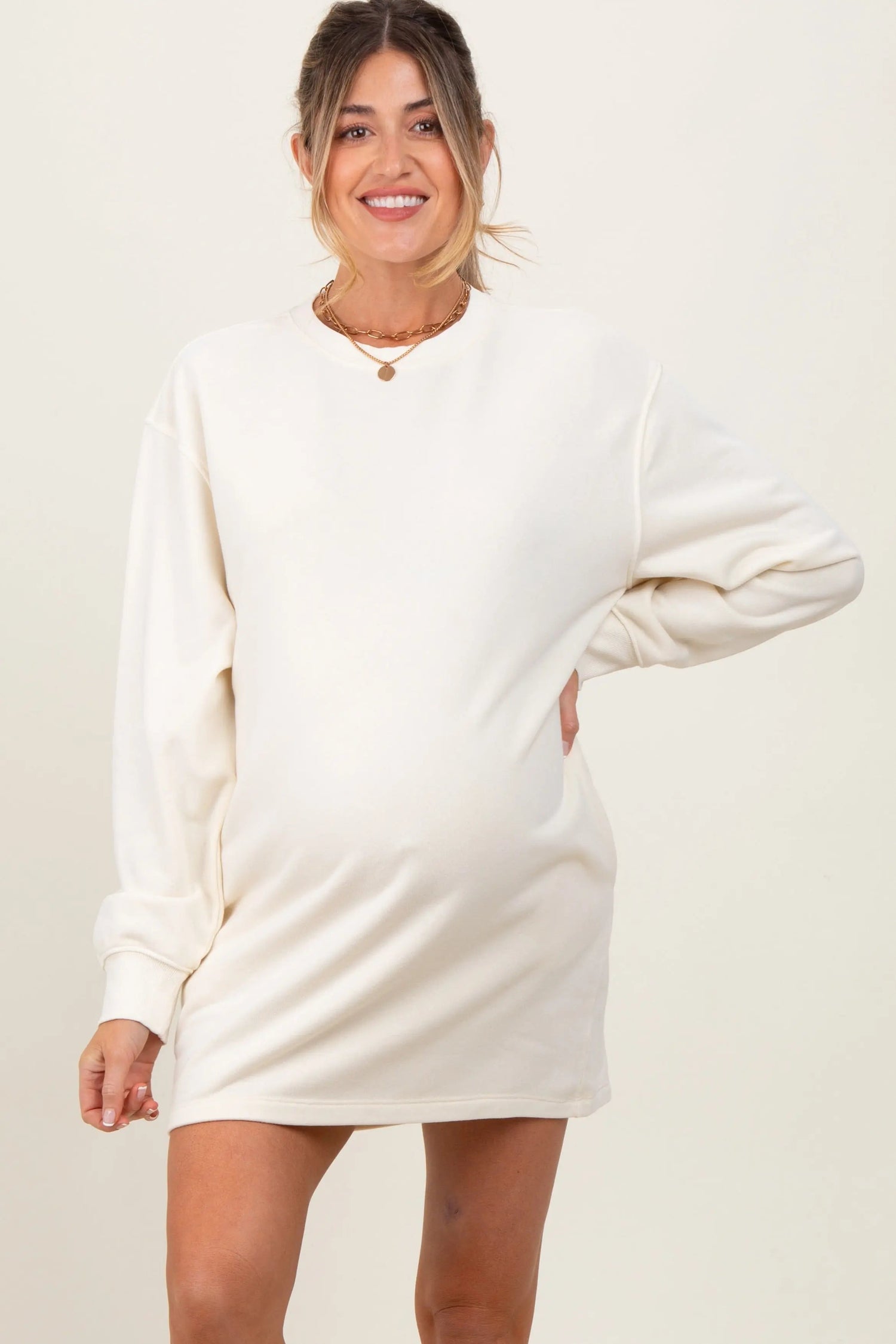 PinkBlush Cream Long Sleeve Oversized Sweatshirt Maternity Mini Dress - 