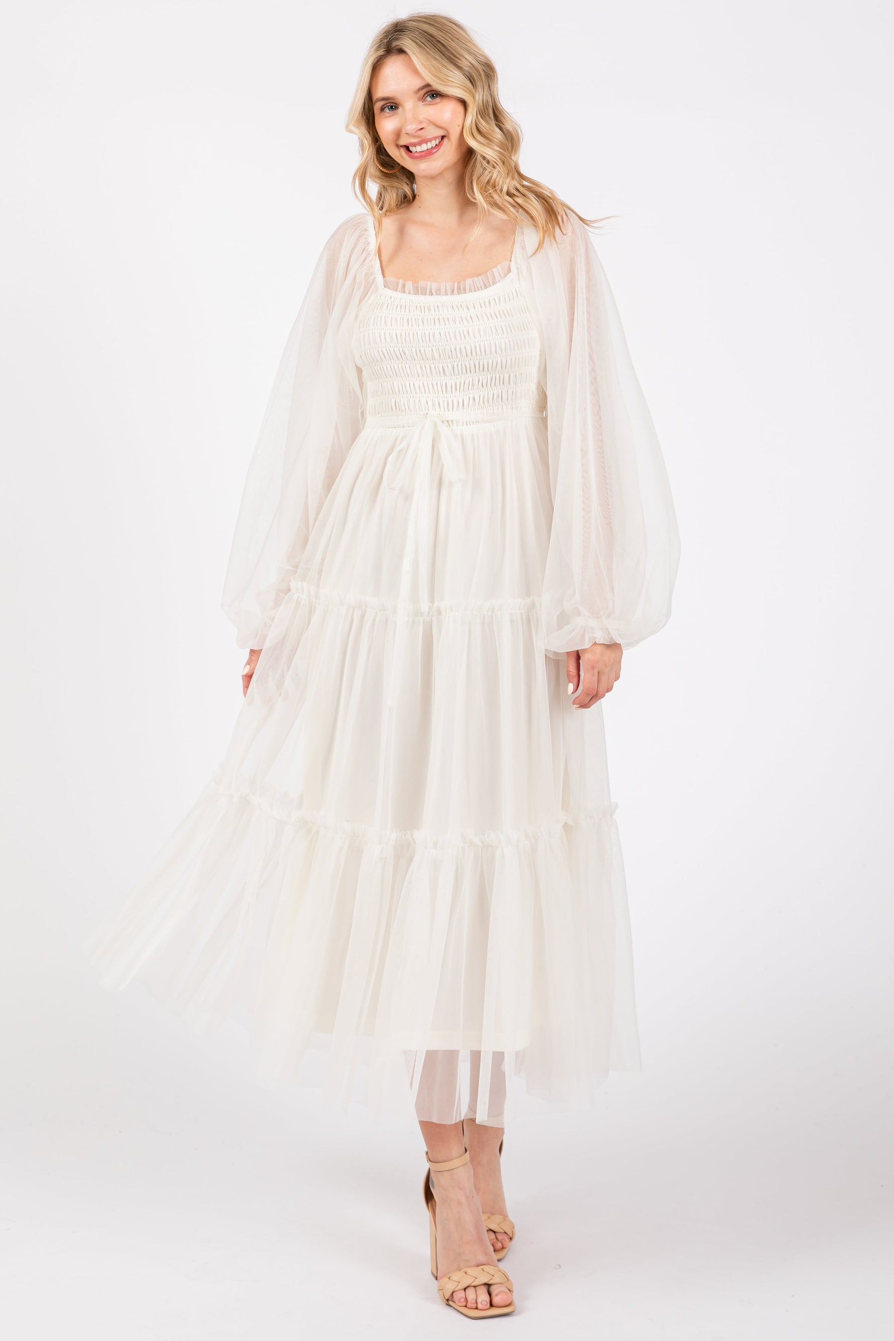 PinkBlush Cream Mesh Tiered Long Sleeve Maternity Maxi Dress Everetts Place