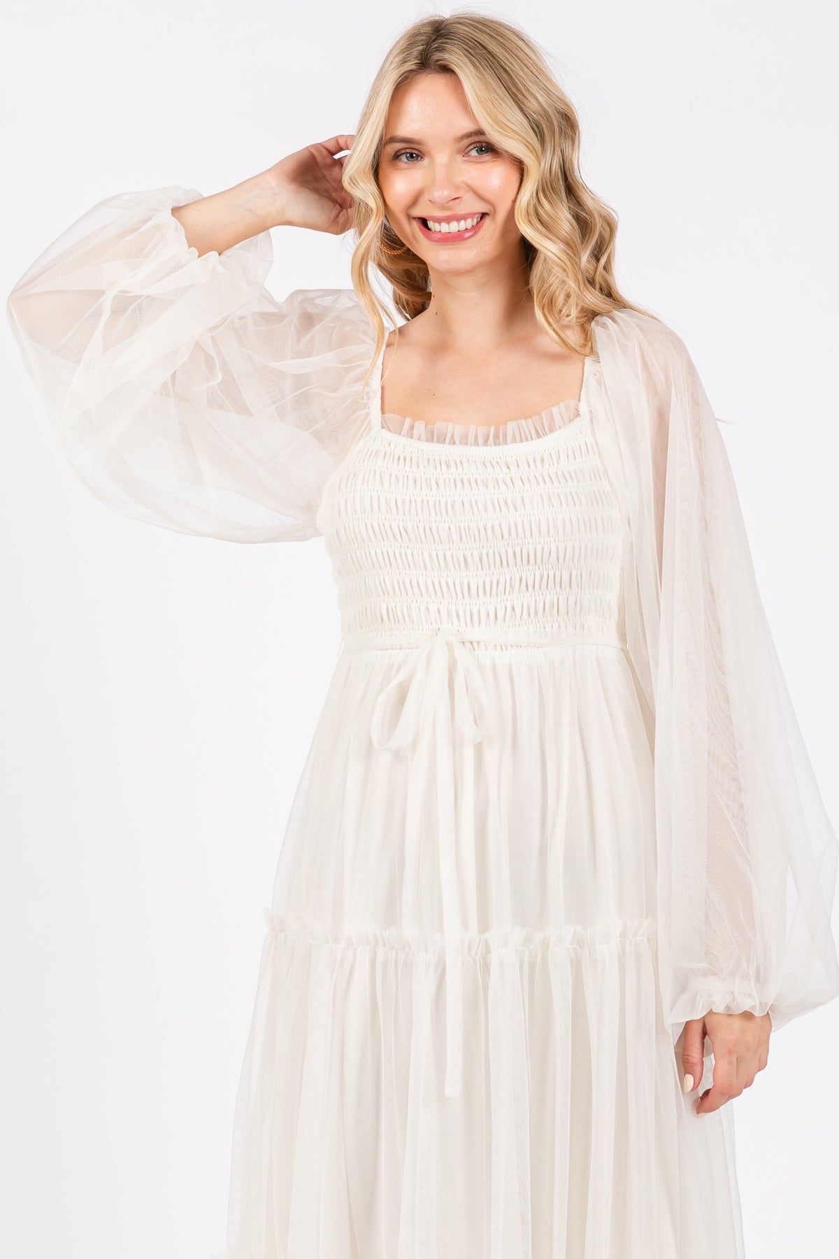 PinkBlush Cream Mesh Tiered Long Sleeve Maxi Dress