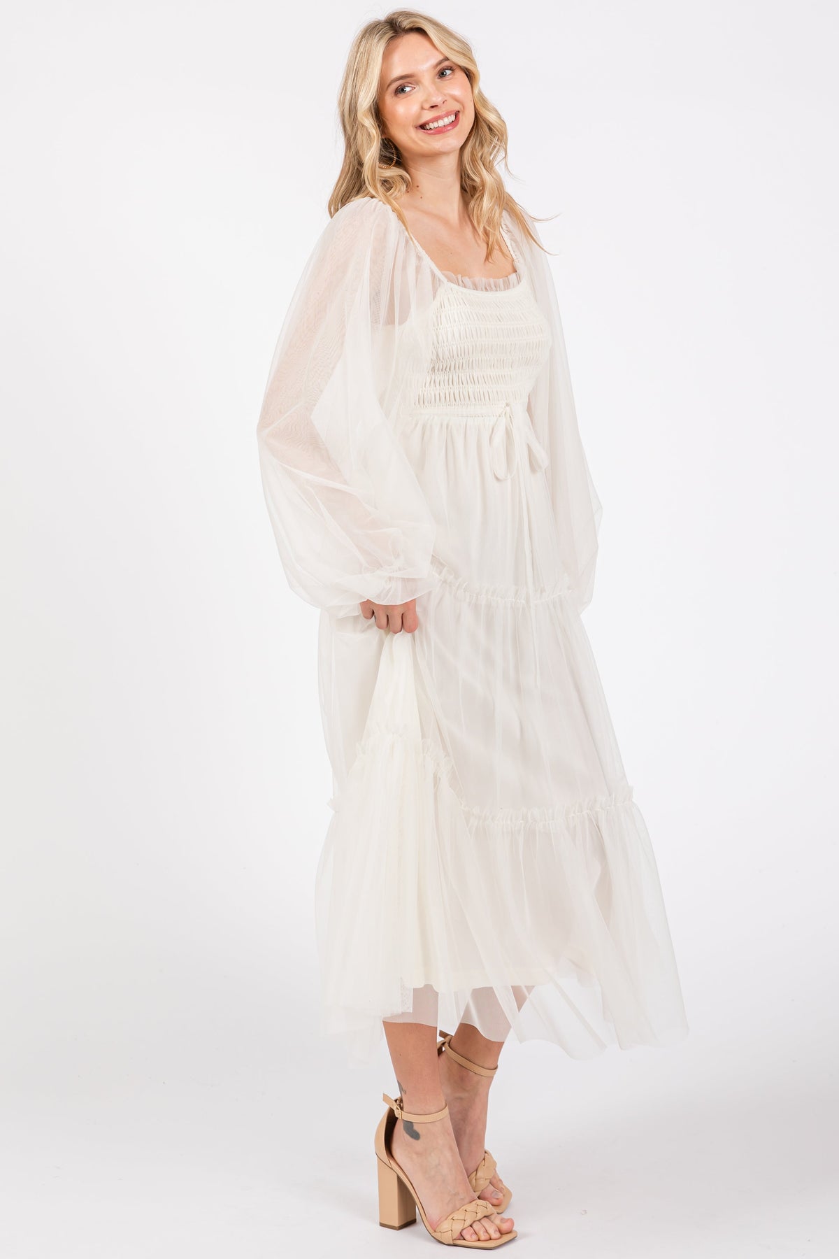 PinkBlush Cream Mesh Tiered Long Sleeve Maxi Dress