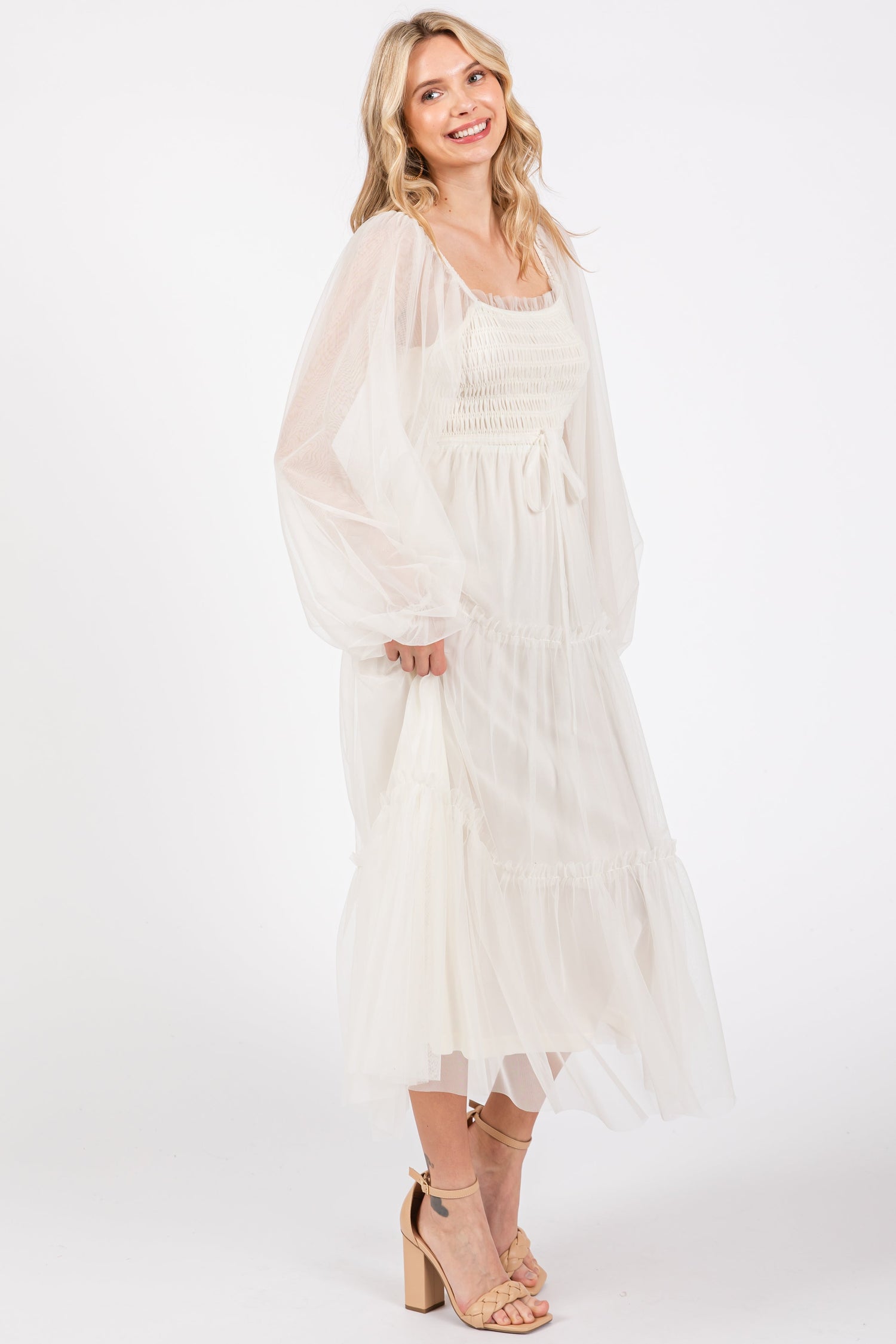 PinkBlush Cream Mesh Tiered Long Sleeve Maxi Dress