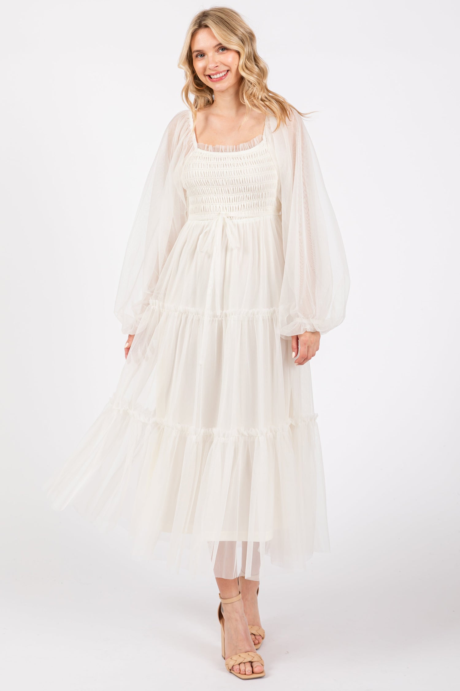 Cream Mesh Tiered Long Sleeve Maxi Dress - Dress, Fashion, One-piece garment, Gown, Waist | Everetts Place
