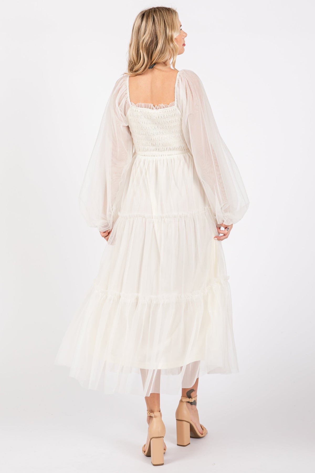 PinkBlush Cream Mesh Tiered Long Sleeve Maxi Dress