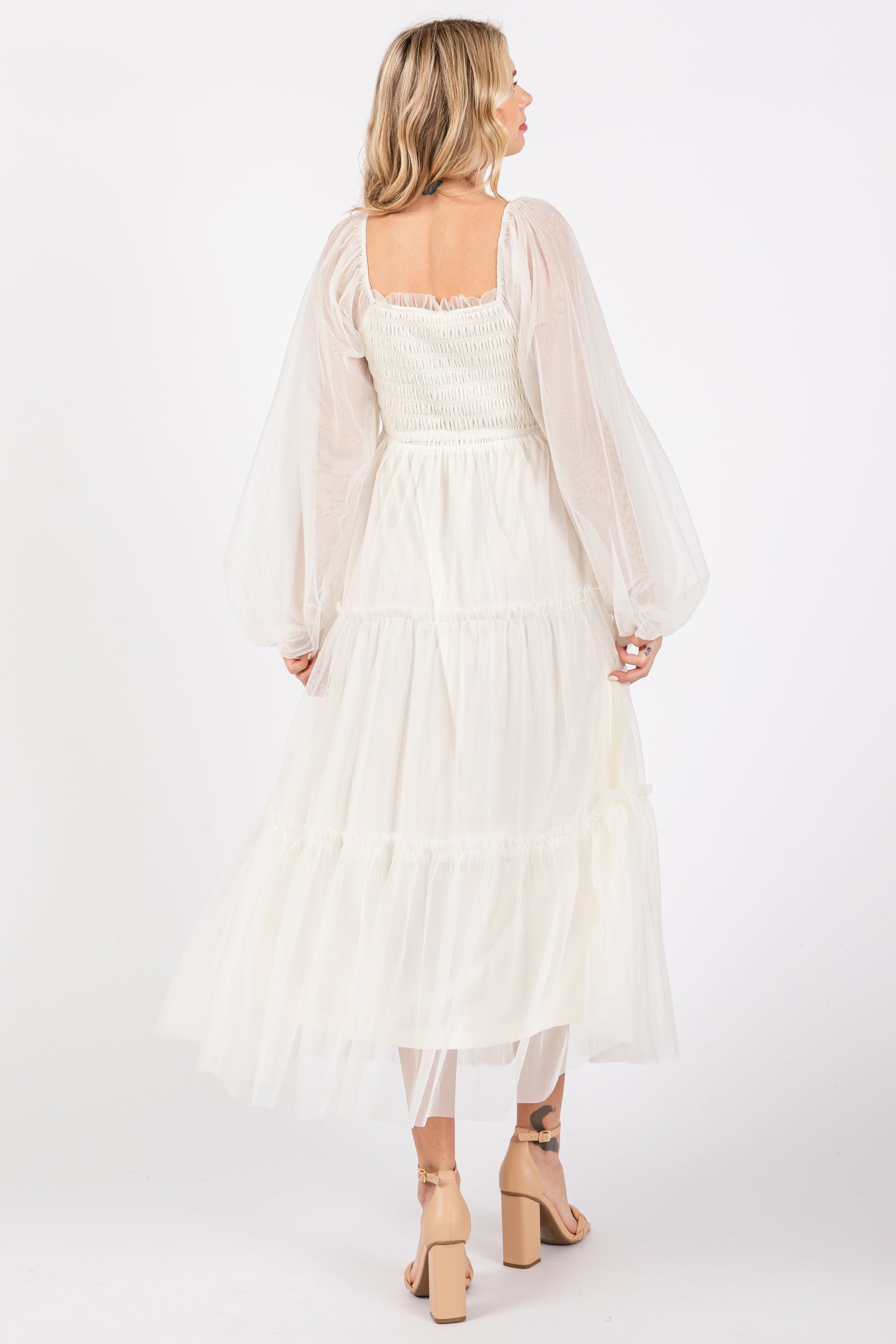 PinkBlush Cream Mesh Tiered Long Sleeve Maxi Dress