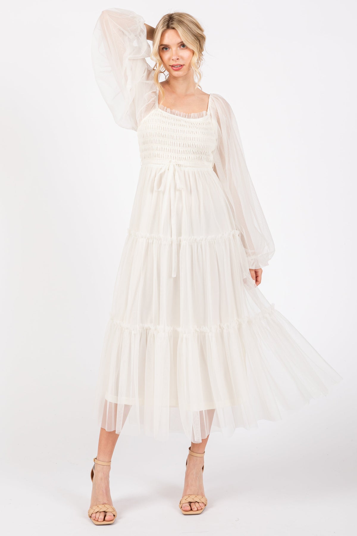 PinkBlush Cream Mesh Tiered Long Sleeve Maxi Dress