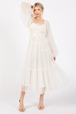 PinkBlush Cream Mesh Tiered Long Sleeve Maxi Dress