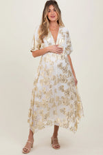 PinkBlush Cream Metallic Floral Jacquard Overlay Maternity Maxi Dress - 
