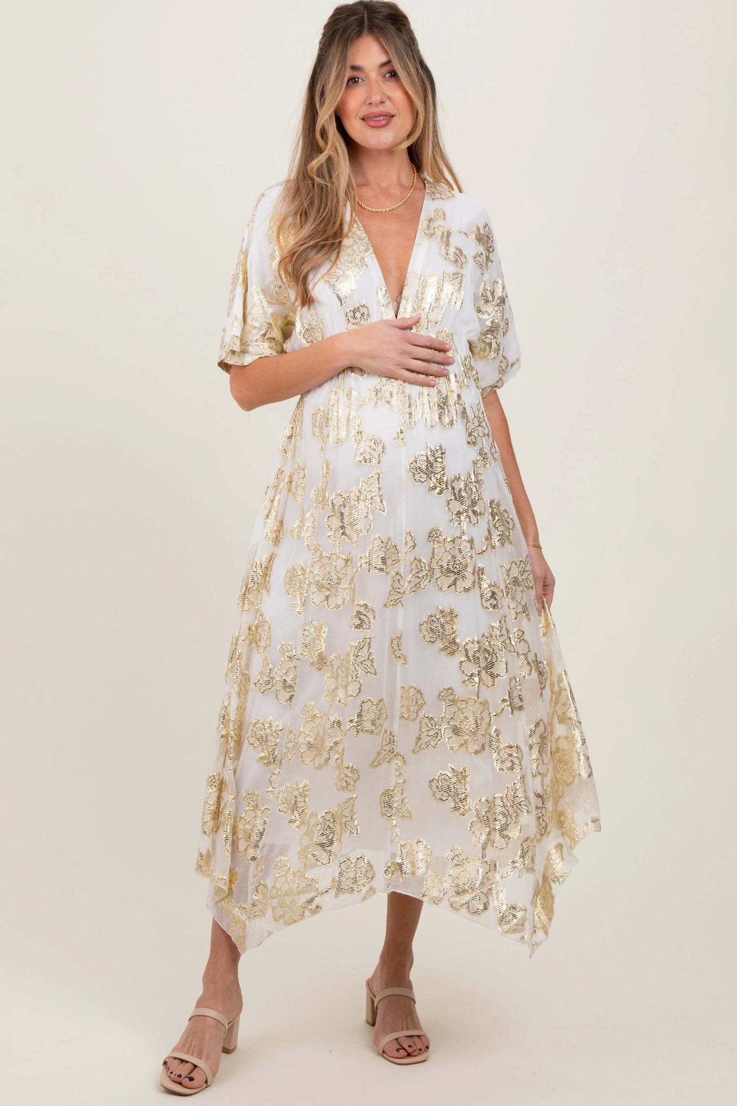 PinkBlush Cream Metallic Floral Jacquard Overlay Maternity Maxi Dress - 