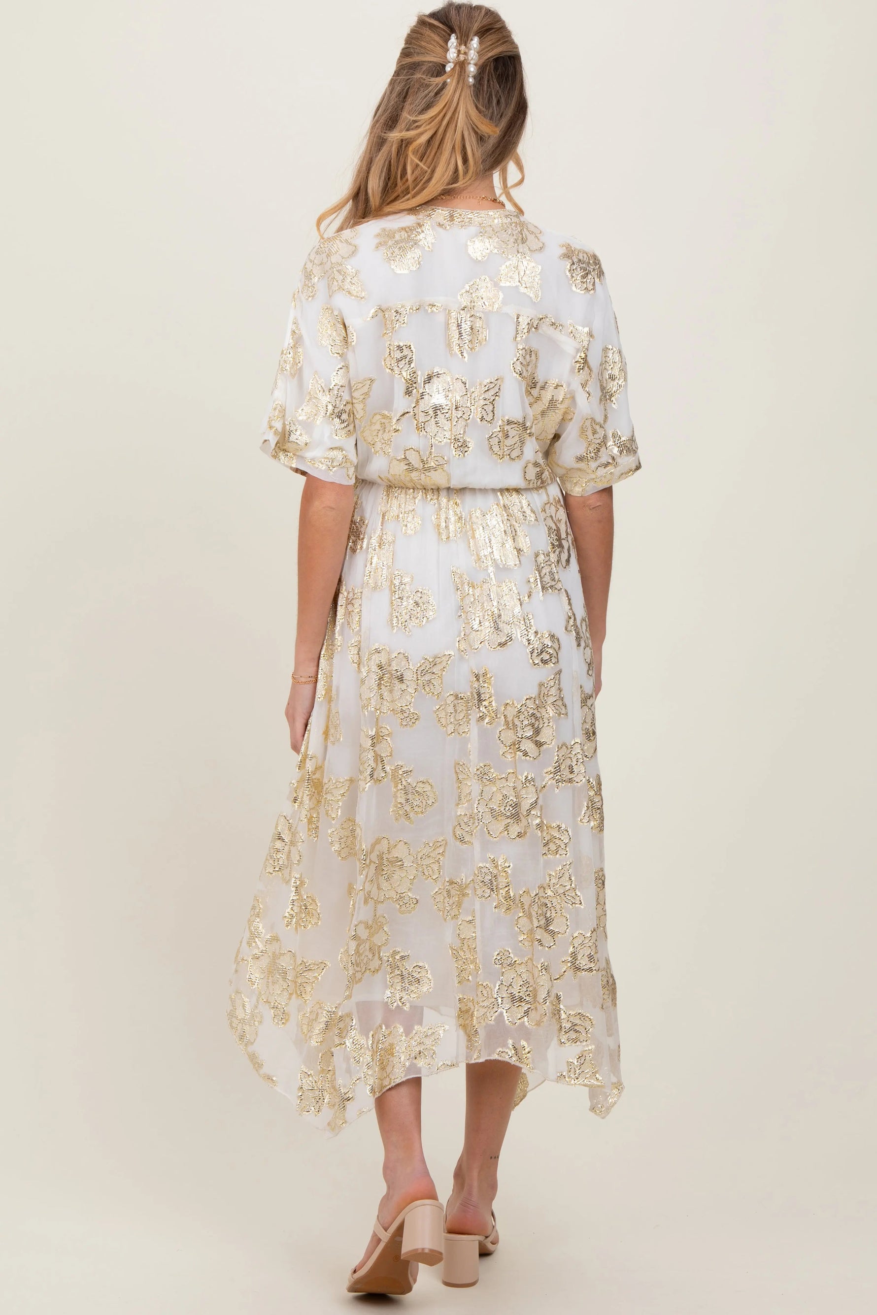 PinkBlush Cream Metallic Floral Jacquard Overlay Maternity Maxi Dress - 