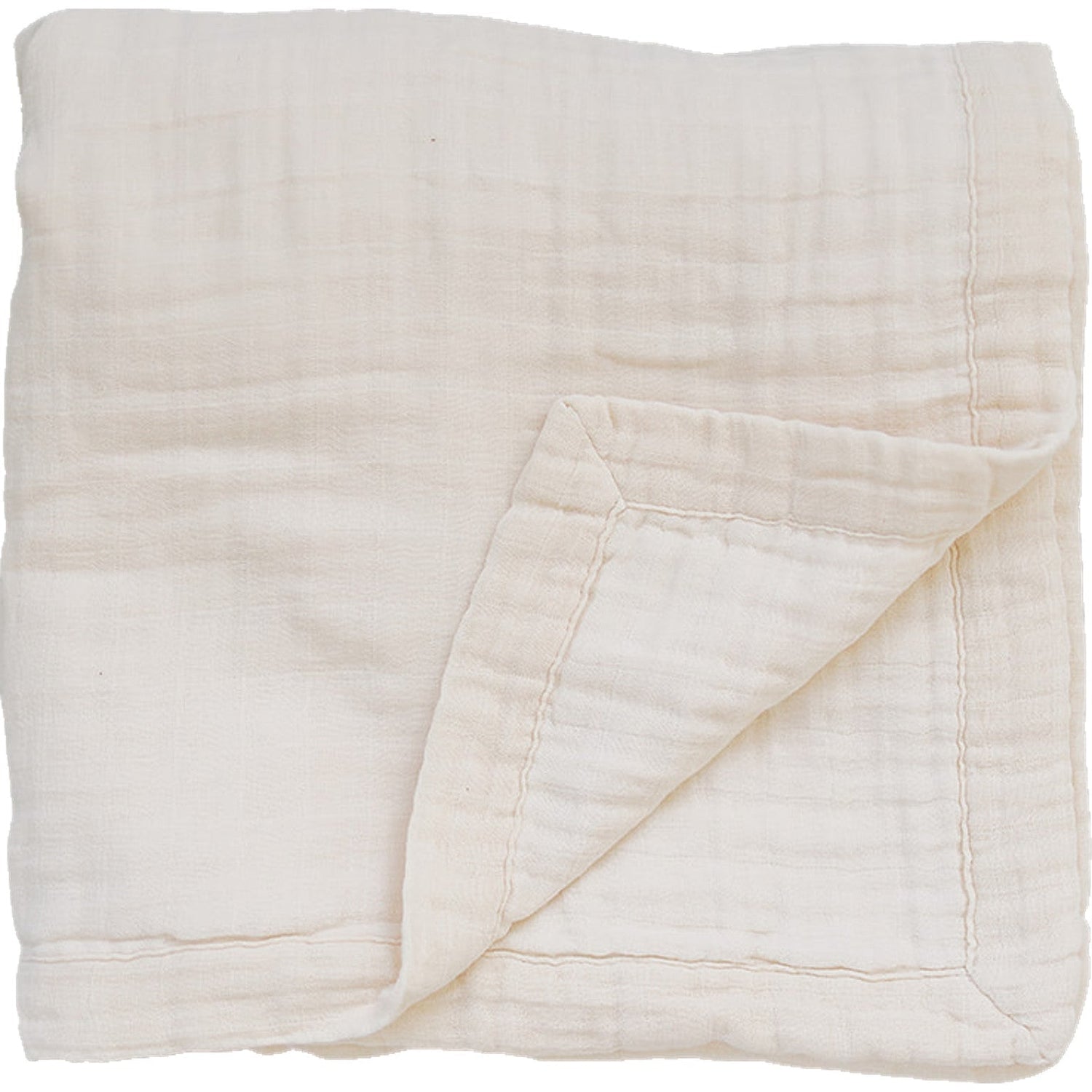 Cream muslin quilt spread out flat, showing its soft solid cream color and layered muslin fabric.