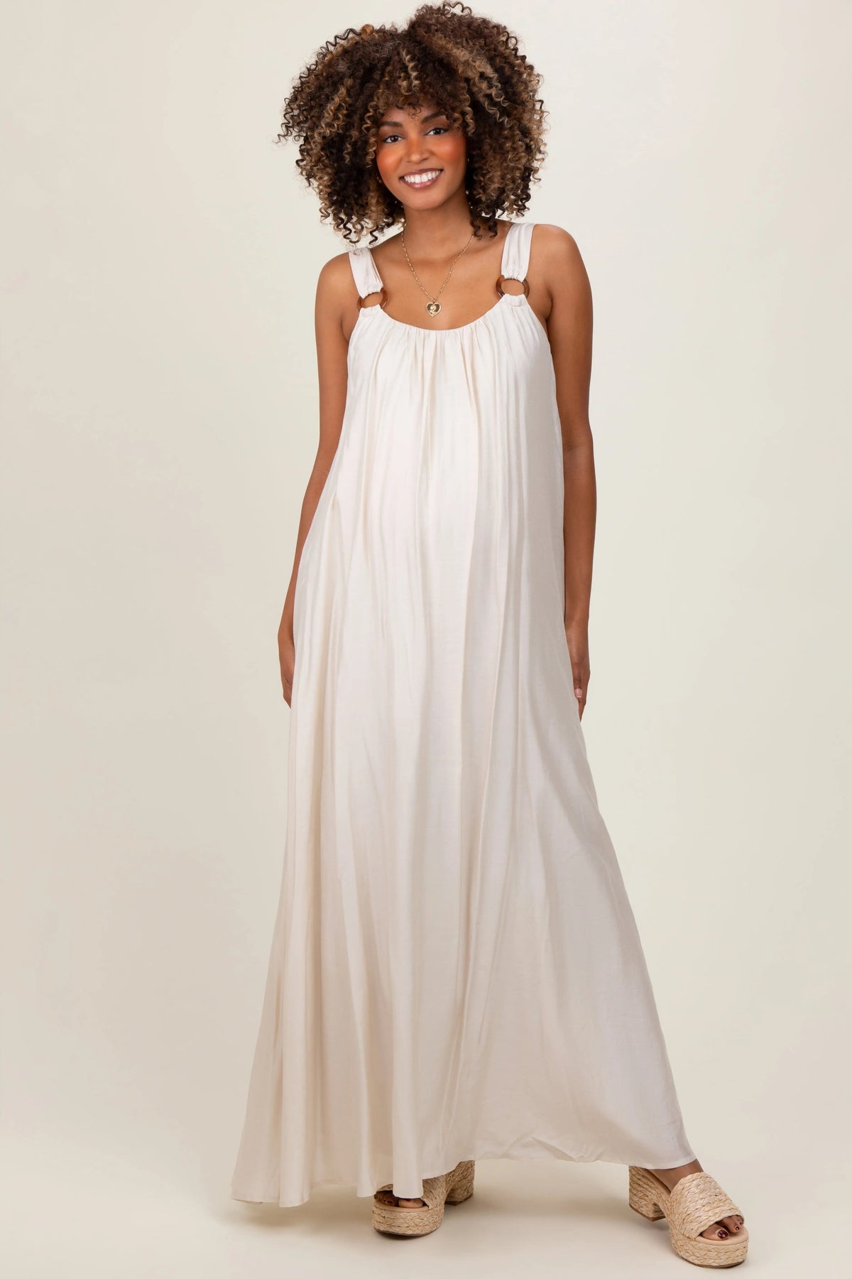 PinkBlush Cream O - Ring Strap Scoop Back Maternity Maxi Dress - 