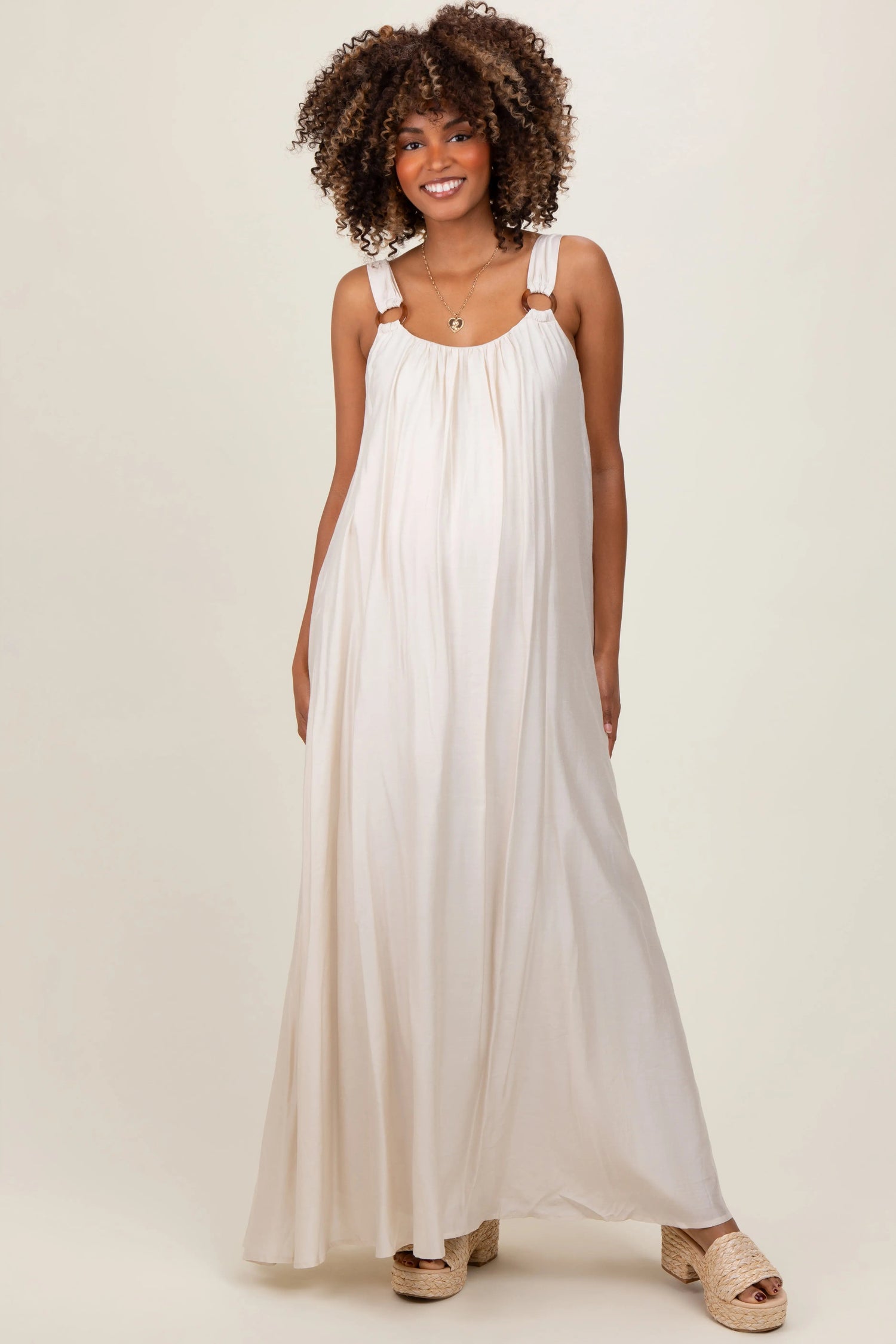 PinkBlush Cream O - Ring Strap Scoop Back Maternity Maxi Dress - 