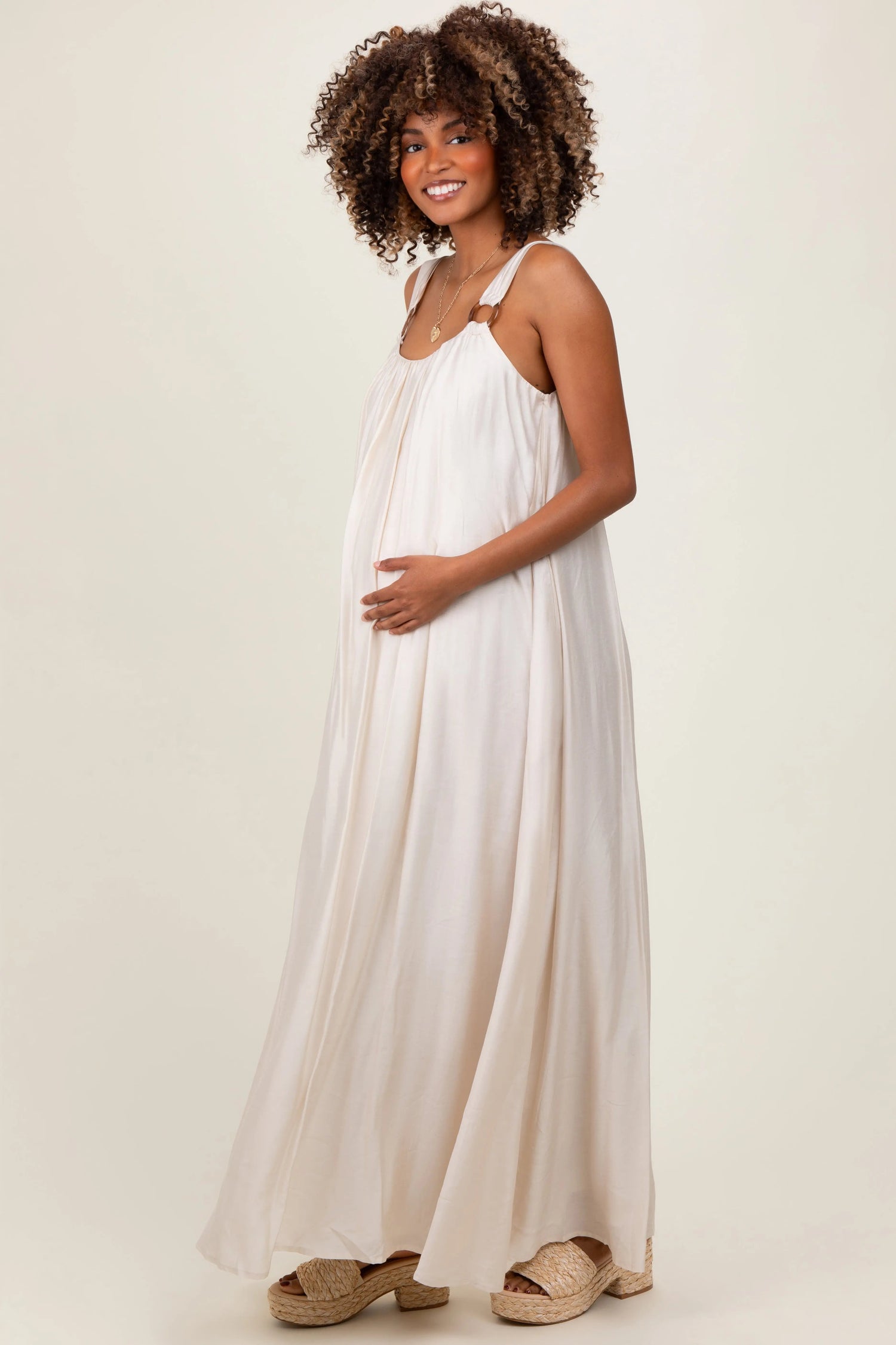 PinkBlush Cream O - Ring Strap Scoop Back Maternity Maxi Dress - 