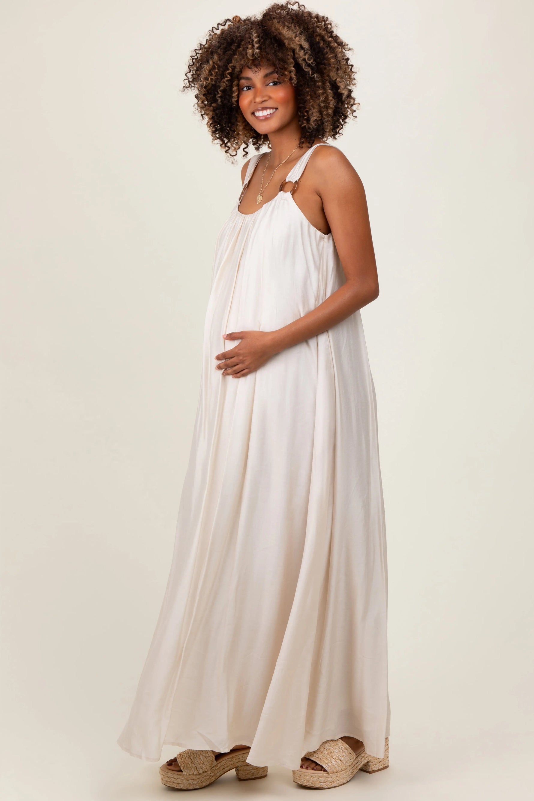 PinkBlush Cream O - Ring Strap Scoop Back Maternity Maxi Dress - 
