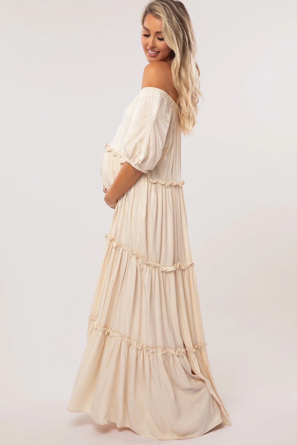 PinkBlush Cream Off Shoulder Ruffle Tiered Maternity Maxi Dress - 