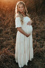 PinkBlush Cream Off Shoulder Ruffle Tiered Maternity Maxi Dress - 