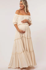PinkBlush Cream Off Shoulder Ruffle Tiered Maternity Maxi Dress - 