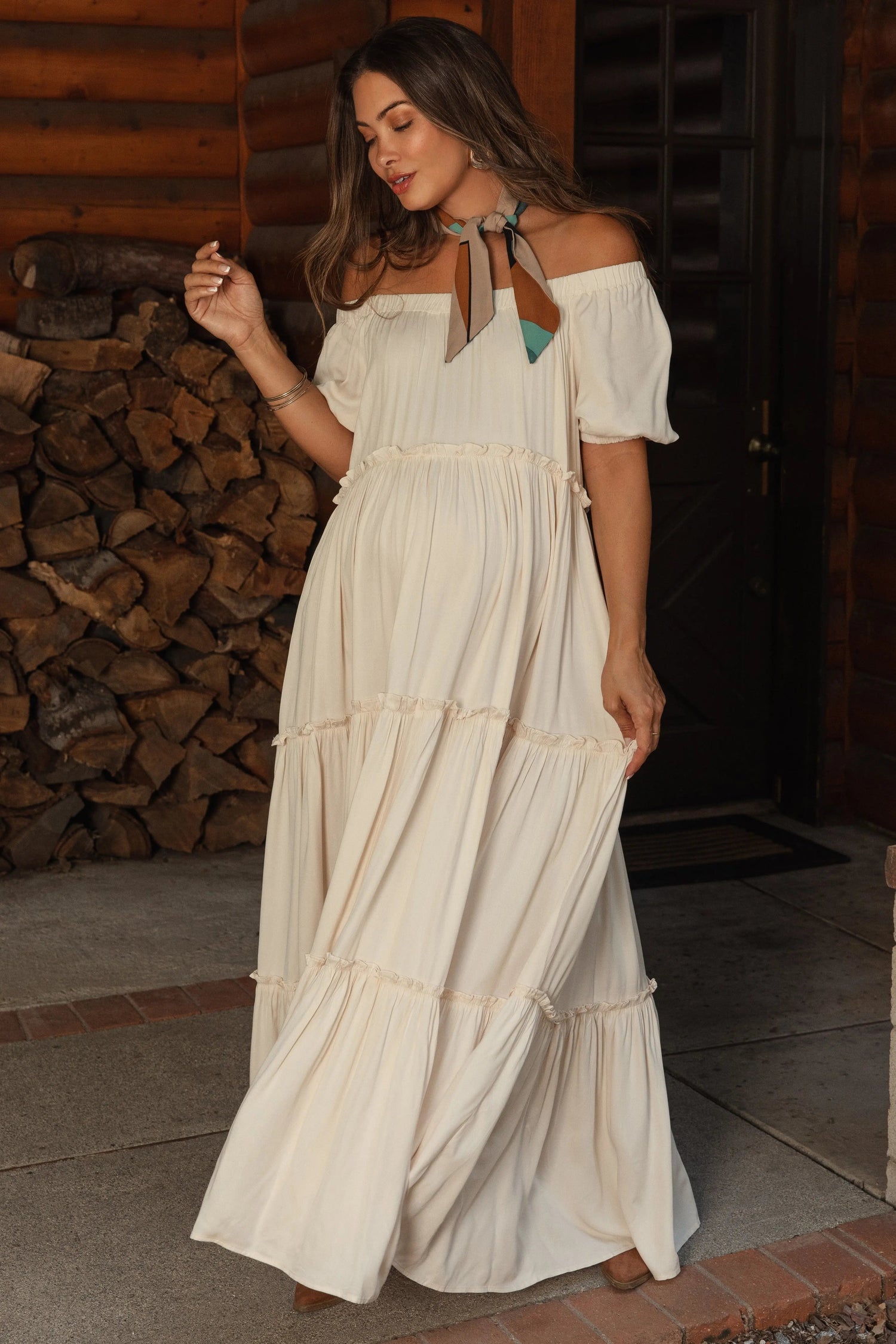 PinkBlush Cream Off Shoulder Ruffle Tiered Maternity Maxi Dress - 