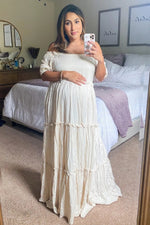 PinkBlush Cream Off Shoulder Ruffle Tiered Maternity Maxi Dress - 
