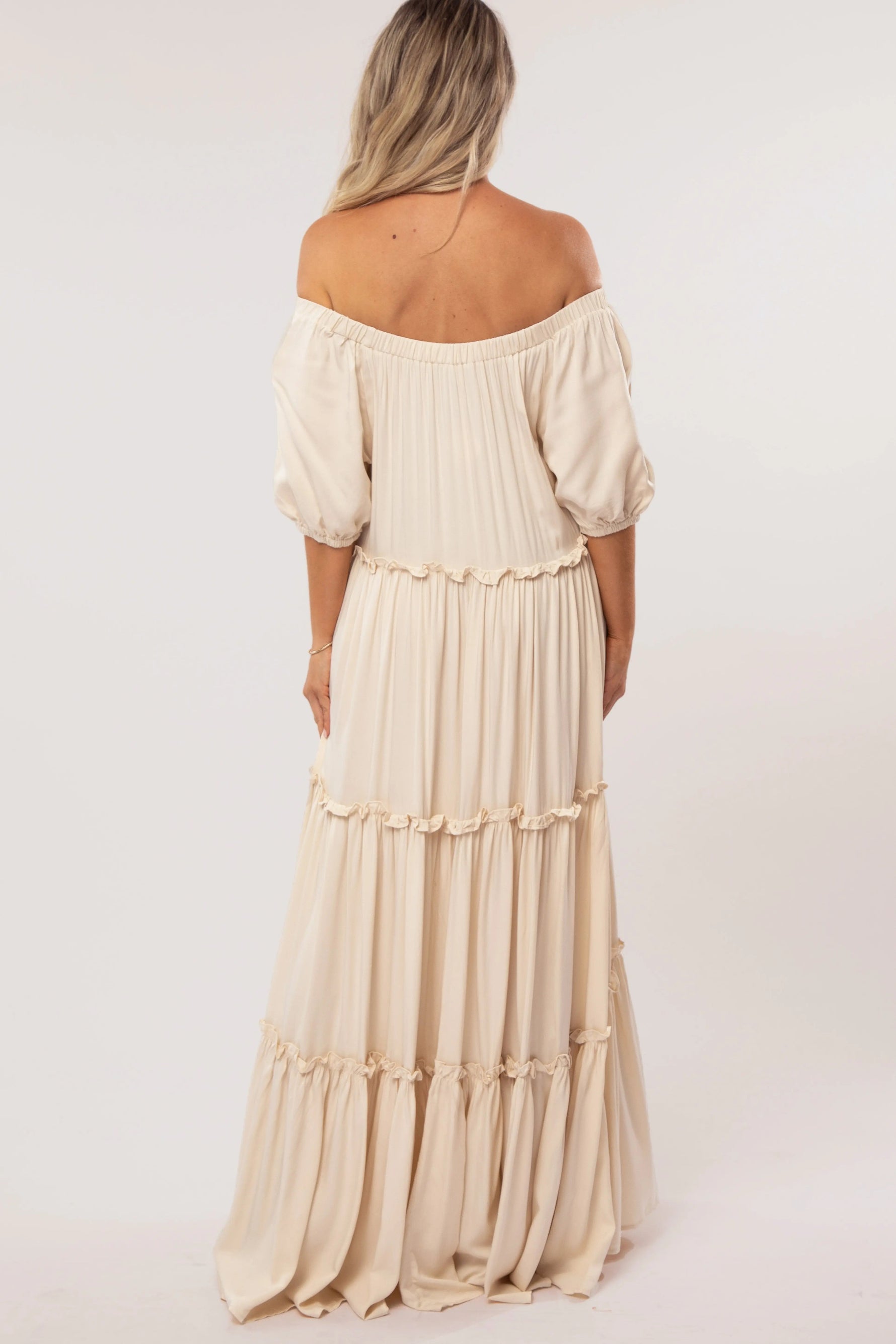 PinkBlush Cream Off Shoulder Ruffle Tiered Maternity Maxi Dress - 
