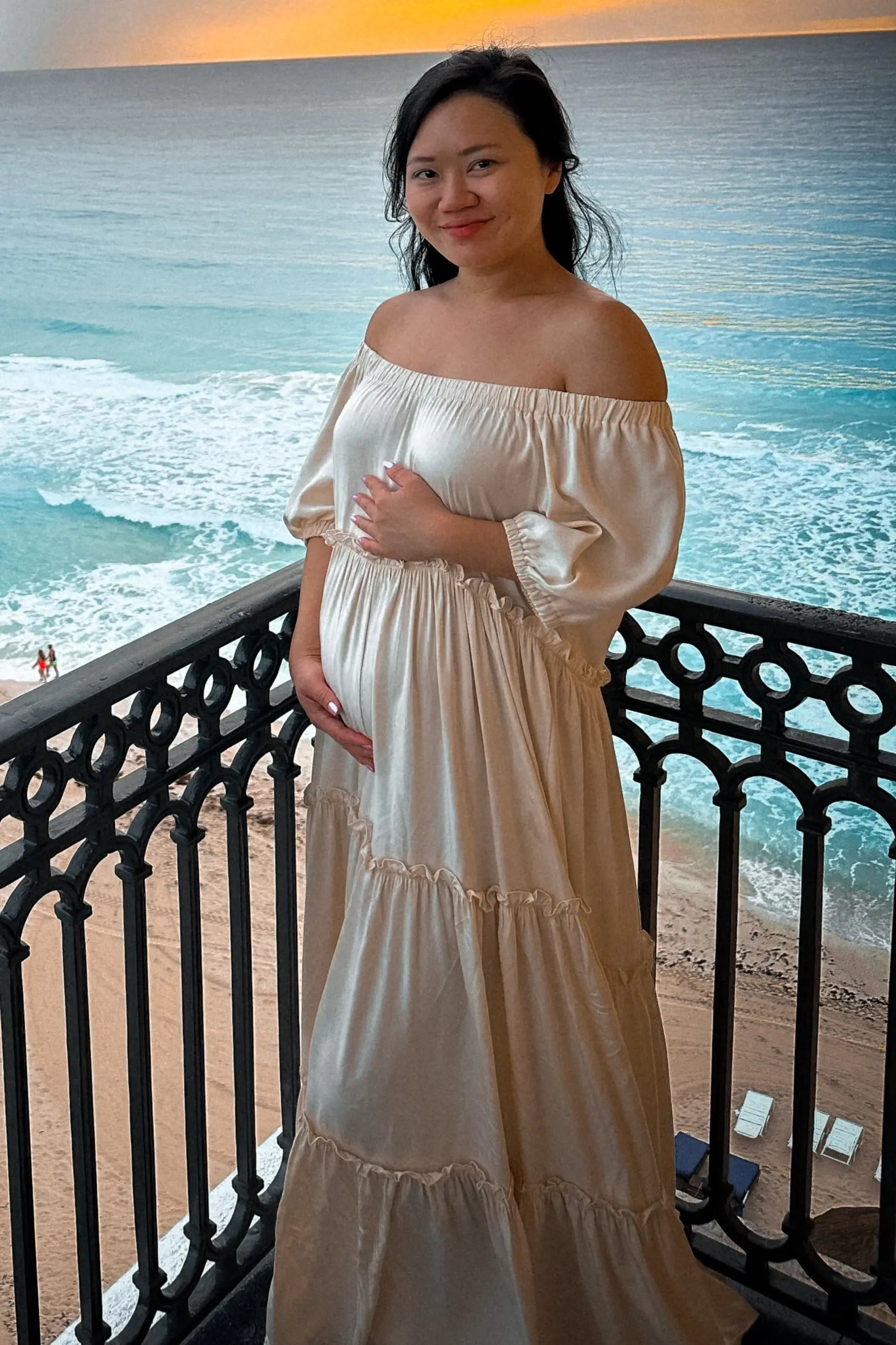 PinkBlush Cream Off Shoulder Ruffle Tiered Maternity Maxi Dress - 