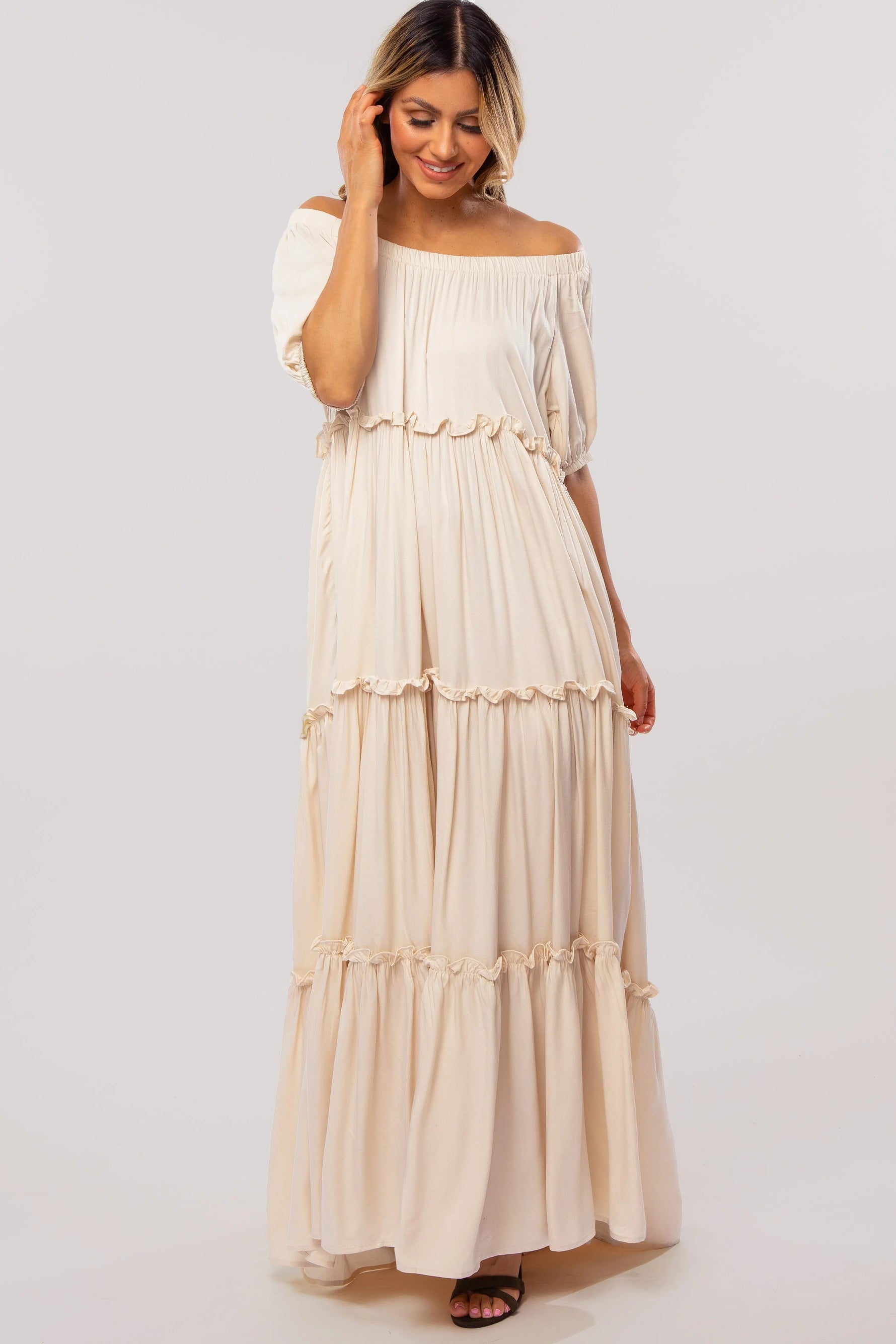 PinkBlush Cream Off Shoulder Ruffle Tiered Maxi Dress - 