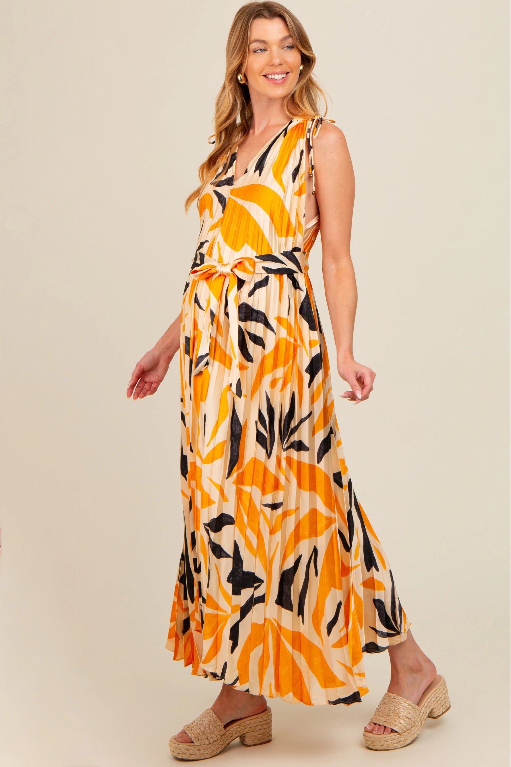 PinkBlush Cream Printed Pleated Maternity Maxi Dress - 