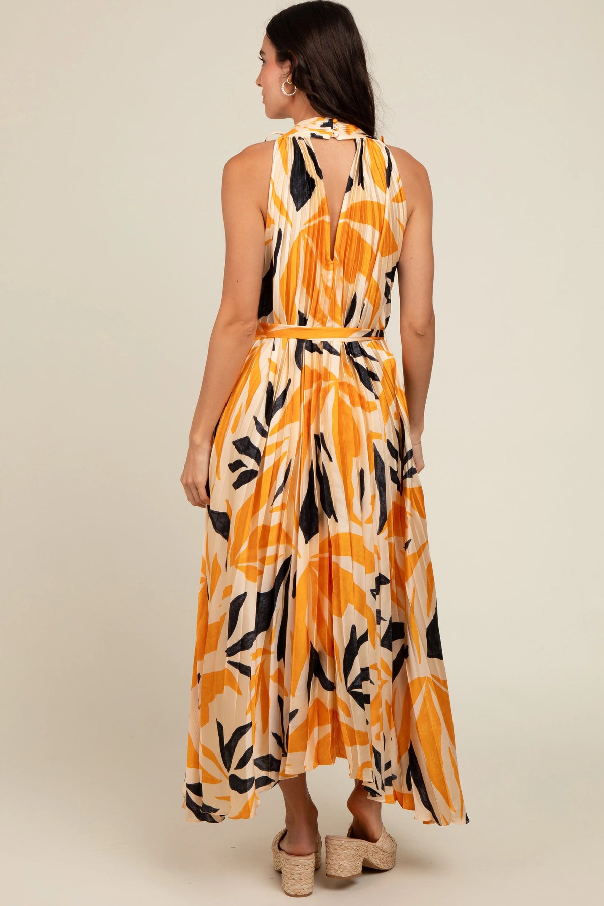 PinkBlush Cream Printed Pleated Maxi Dress - 