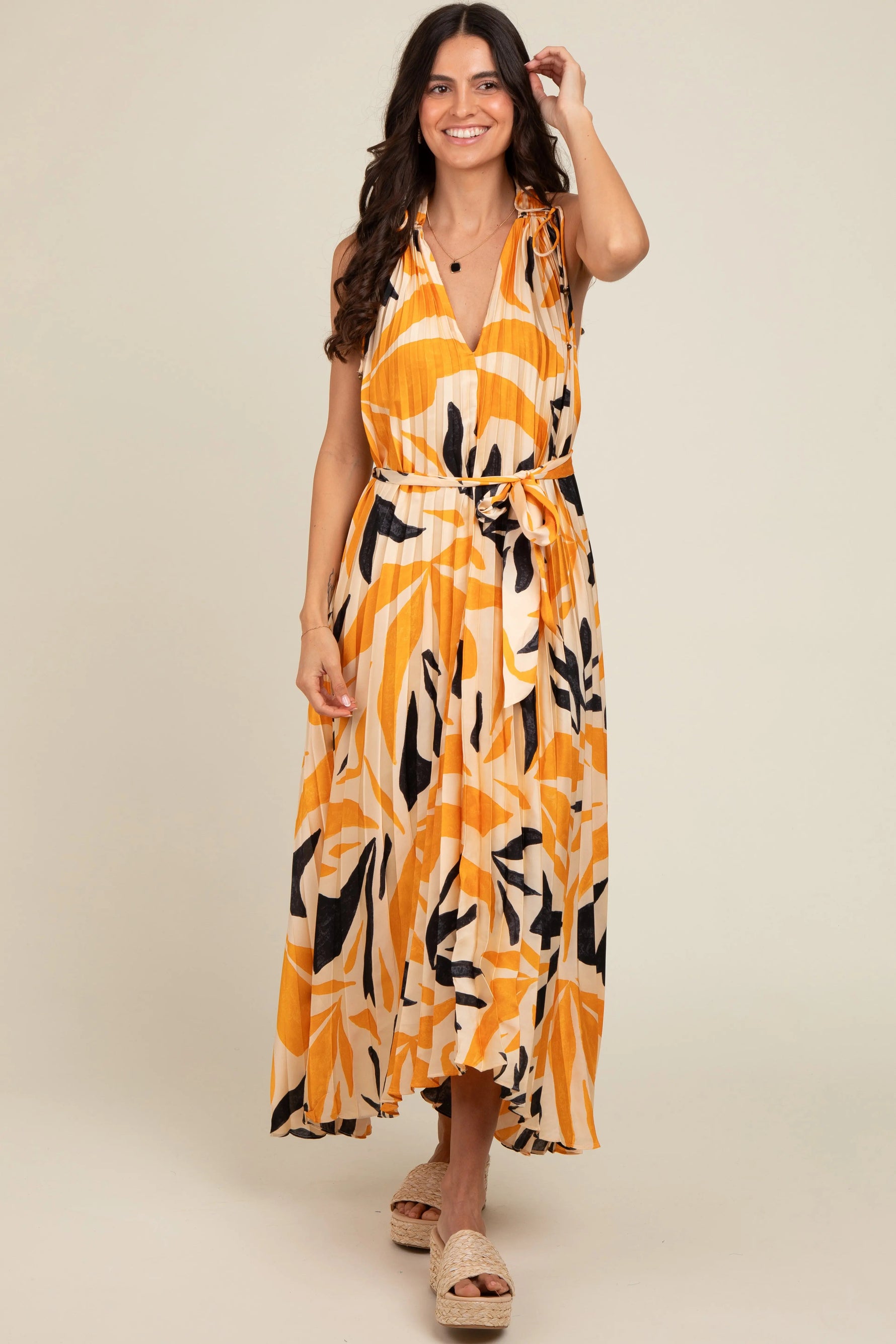 PinkBlush Cream Printed Pleated Maxi Dress - 