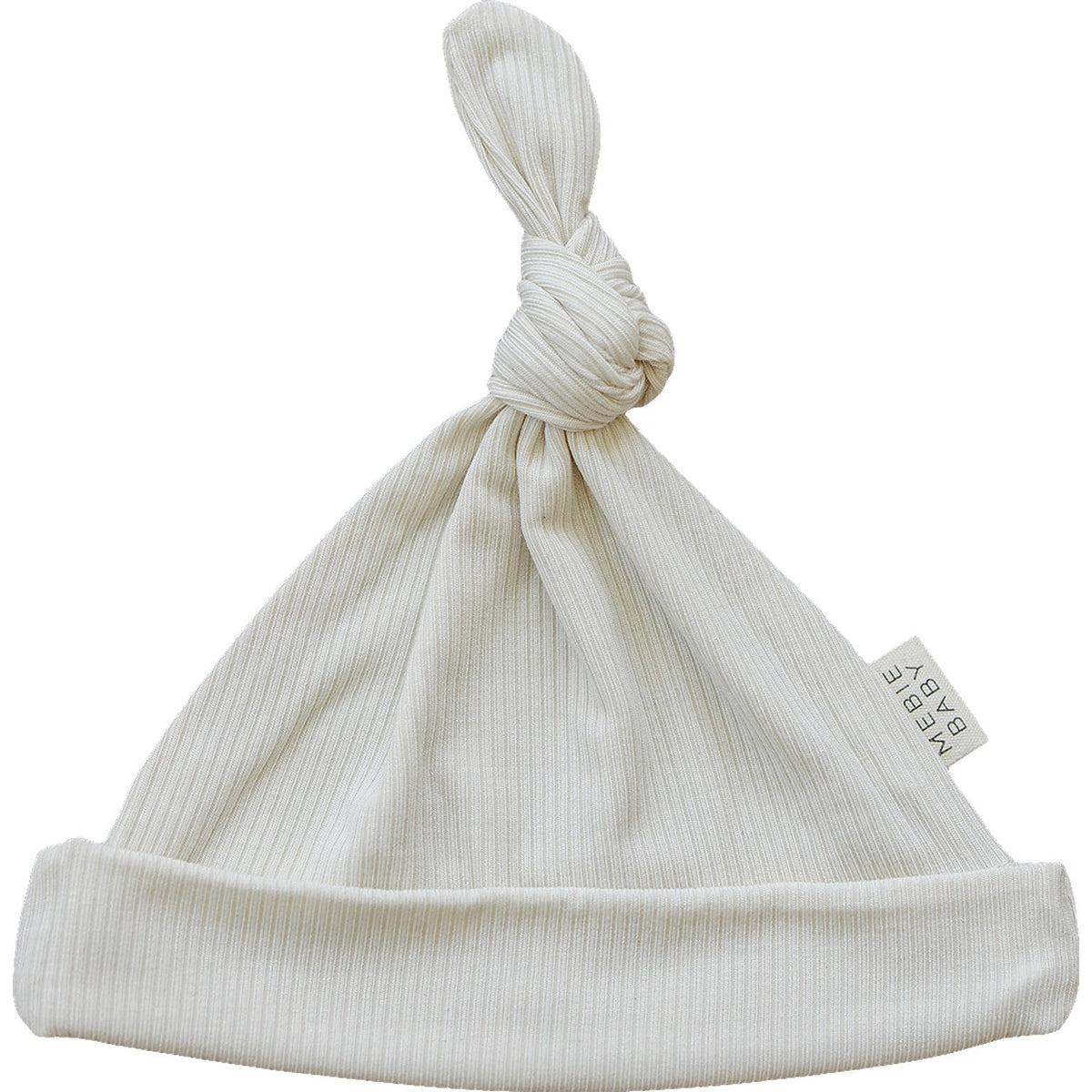 Cream ribbed bamboo newborn knot hat with a tied knot at the top