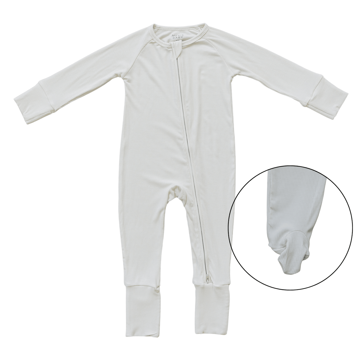 Cream ribbed bamboo baby zip sleeper with long sleeves and full-length double zipper