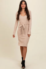 PinkBlush Cream Ribbed Knit Long Sleeve Tie Waist Dress - 