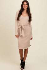 PinkBlush Cream Ribbed Knit Long Sleeve Tie Waist Dress - 