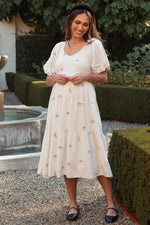 PinkBlush Cream Ribbon Print Smocked Maternity Midi Dress - 